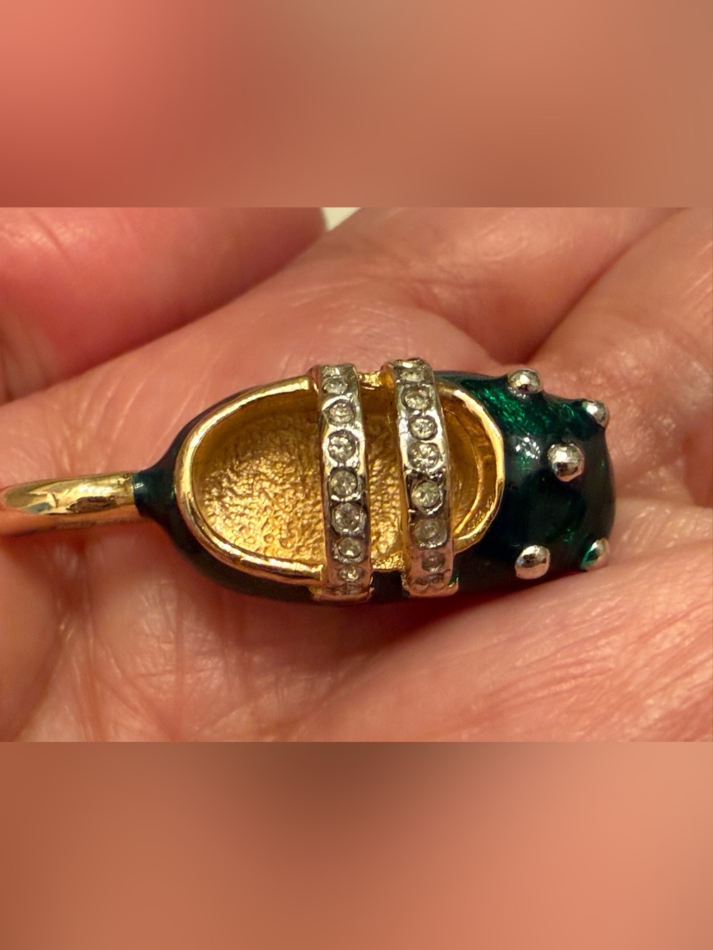 Green and Gold Enamel Crystal Accent Baby Shoe Pendant Necklace
